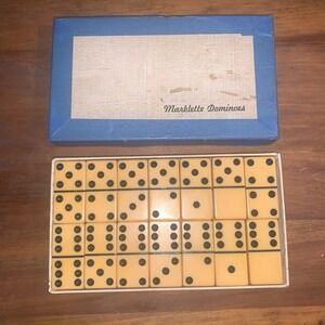 Vtg Complete 28 set Puremco Mfg Co Bakelite Dominoes Black Dots With Box